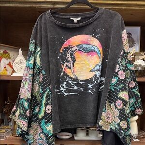 Blue Velvet Pullover with Colorful Mermaid Graphic